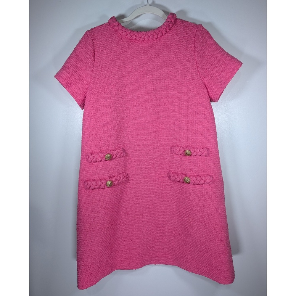 Tuckernuck Pink Tweed Jackie Dress Short Sleeve Gold Lion Button Shift Large